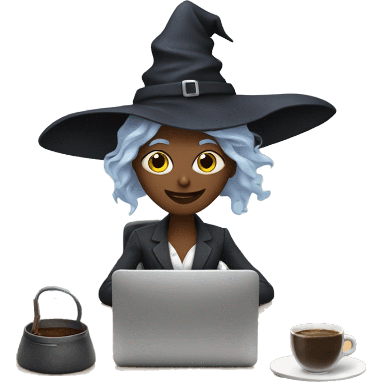 witch who works an office job with a computer and a coffee emoji