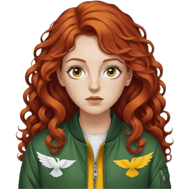 white female with long curly red brown hair, white pieces of hair at the top and in the front that frame her face, thinner eyes with a small wing eyeliner, wearing a dark green bomber jacket with a yellow long sleeve underneath  emoji