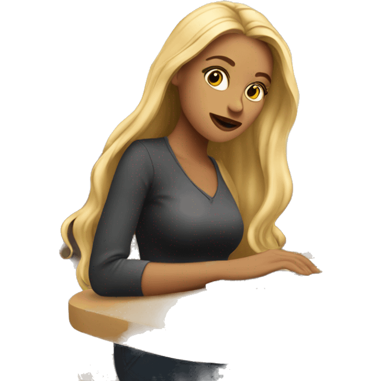 woman with long blonde hair sitting in cafe with laptop emoji