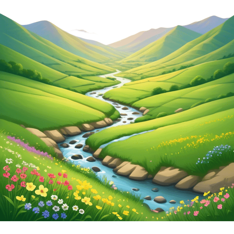 Cinematic Realistic Valley Emoji, Lush and serene, with gently sloping hills surrounding a vibrant green valley filled with wildflowers and a small stream. The soft, golden sunlight filters through the valley, casting peaceful, warm shadows across the landscape. Soft glowing outline, capturing the essence of natural peace and gentle beauty in a sprawling valley. emoji