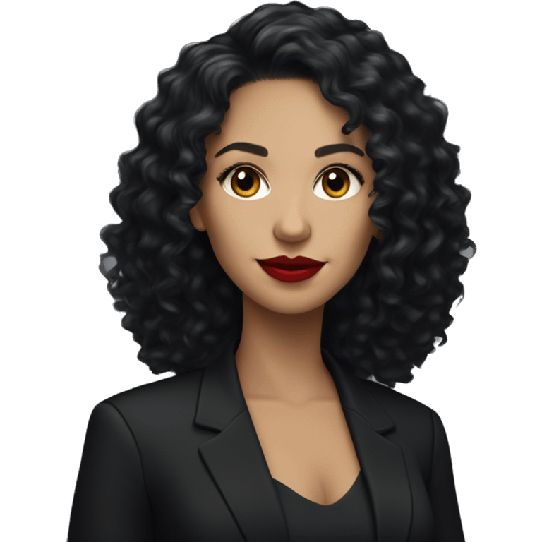 corporate white woman, red lipstick, long black curly hair, black shirt, black blazer  emoji