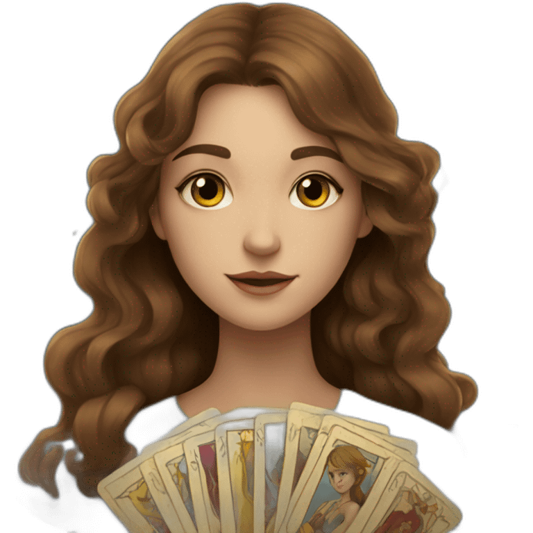 A wavy brown haired girl with a deck of tarot cards with golden star emoji