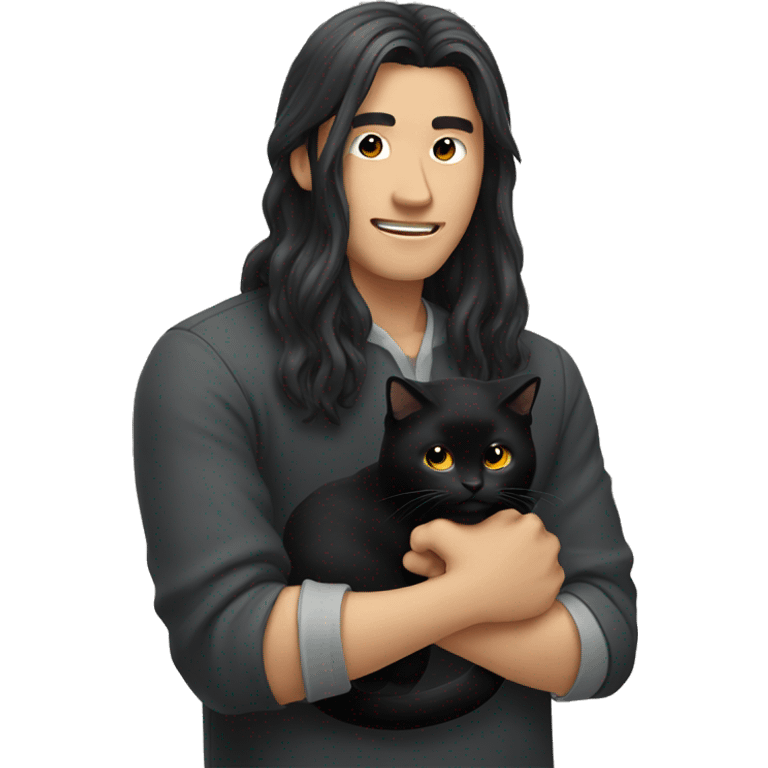 Long haired Asian man holding black cat emoji