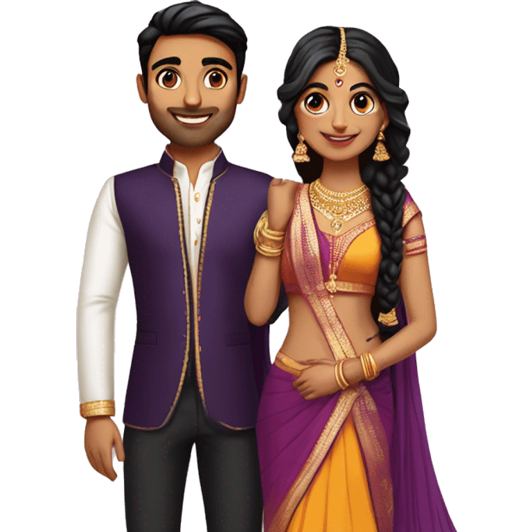 south indian girl fair with hair wearing dark purple lengha marrying south indian guy with straight hair and wearing silver black pants in  emoji