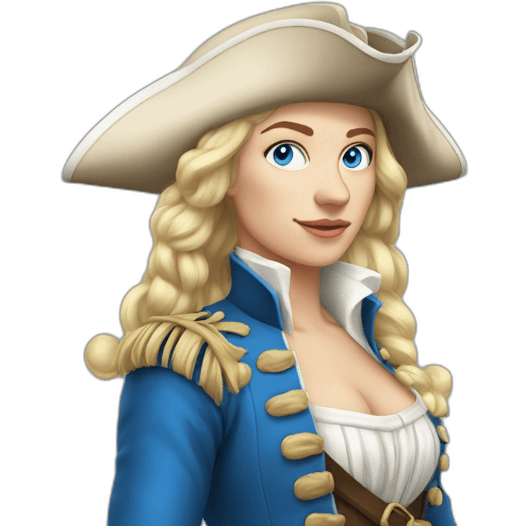 Blond Pirate woman in 18th century, blue eyes, blue white costume emoji