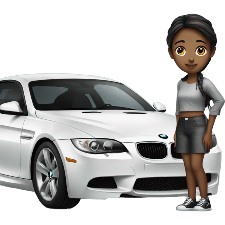 Girl standing next to a silver bmw emoji