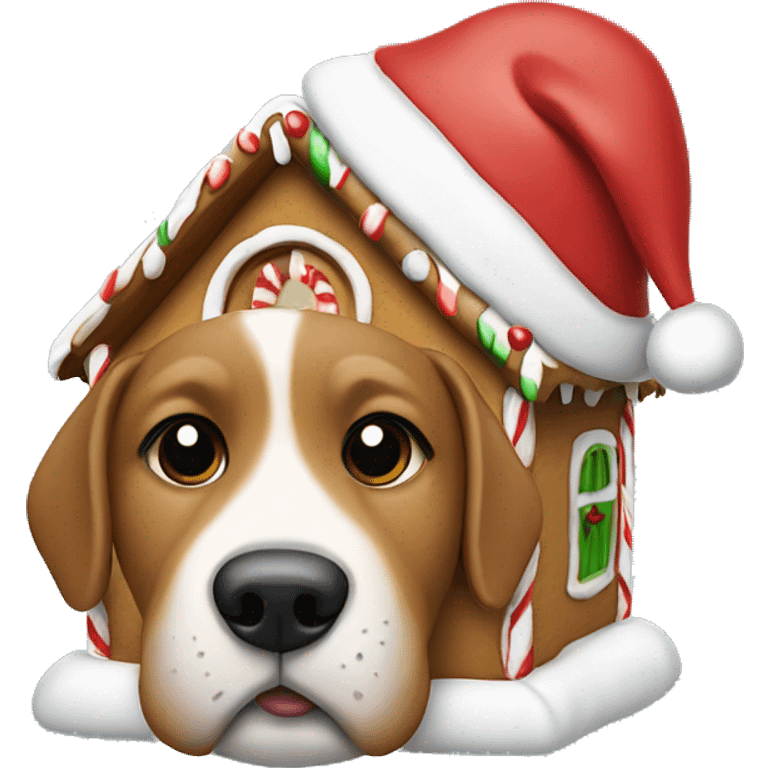 Dog wearing a Santa hat and gingerbread house emoji