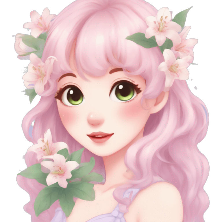 Gorgeous pastel anime style lady with blushing face and lilies cottagecore fairycore pastelcore colorful pearly romantic simplistic aesthetic trending style emoji