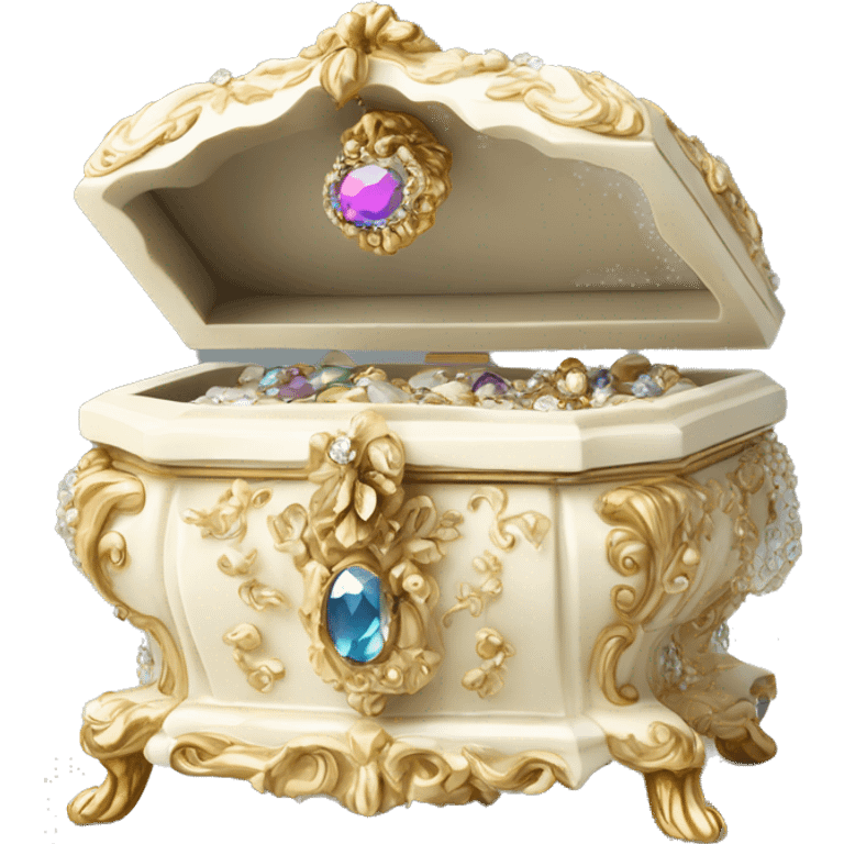 Ivory rococo style jewelry box filled with jewels and diamonds emoji