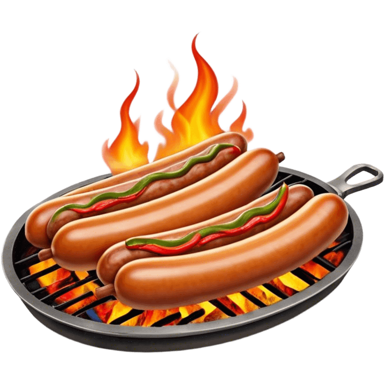 Cinematic Realistic Sausage Sizzle Dish Emoji, featuring sizzling sausages cooking over an open flame rendered with dynamic textures and warm, smoky lighting. emoji