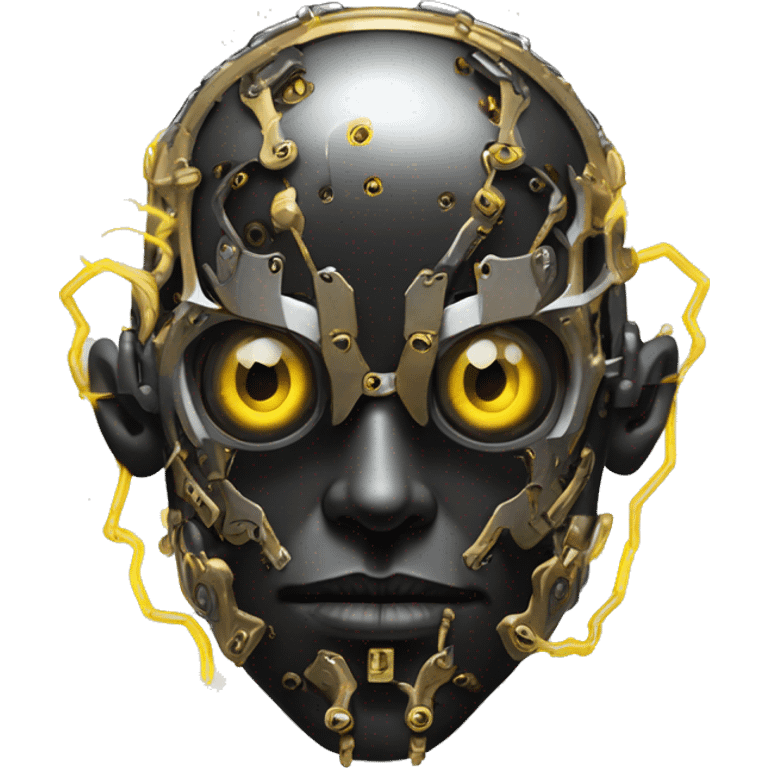 black metal male cyborg head with  one artificial eyeball, circuitry, goatee and dreaded yellow gold hair emoji