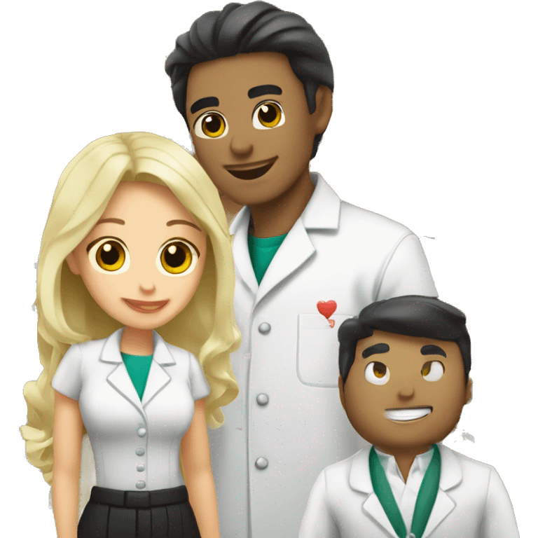 blonde female pharmacist and Italian male chemist with black hair in love emoji