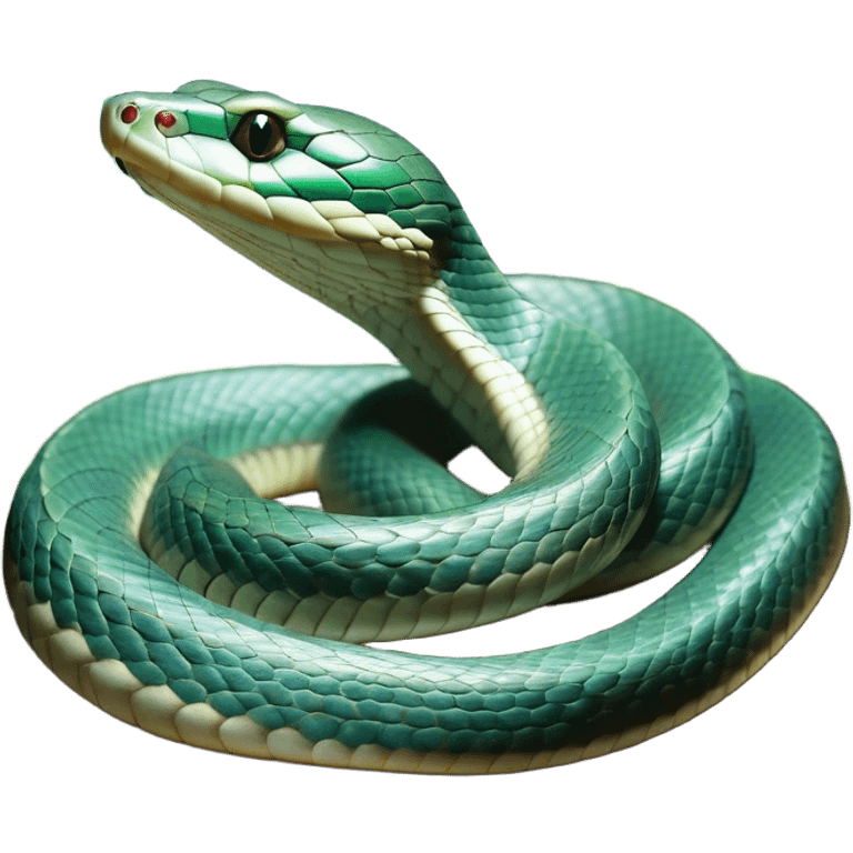 Cinematic Noble Chinese Water Snake Portrait Emoji, Poised and graceful, with a slender, sinuous build and a sleek, iridescent coat of muted greens and blues, deep-set soulful eyes, Simplified yet sharp and sophisticated features, highly detailed, glowing with a soft, dignified aquatic glow, high shine, intelligent and fluid, stylized with an air of waterborne elegance, focused and attentive, soft glowing outline, capturing the essence of a watchful and confident water snake that feels as though it could glide out of the screen with effortless authority! emoji