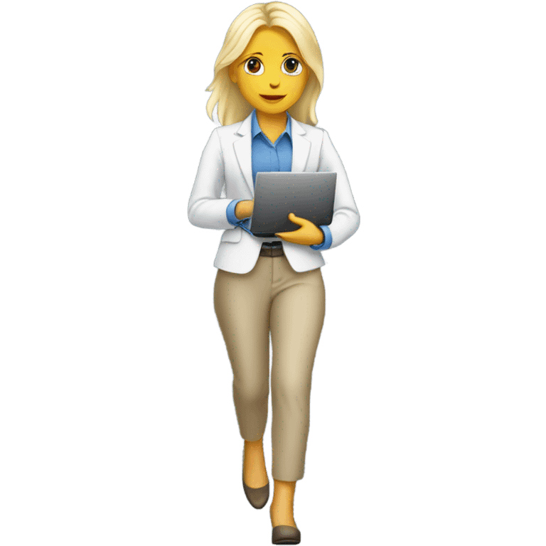 Corporate White blond girl walk with her laptop in the hand  emoji