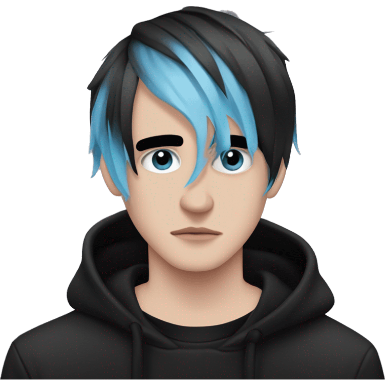 Create an emoji of an emo guy with split-dyed hair (one side pastel pink, the other side pastel blue), wearing black clothes and a subtle sad expression, inspired by the style of Lil Peep. emoji