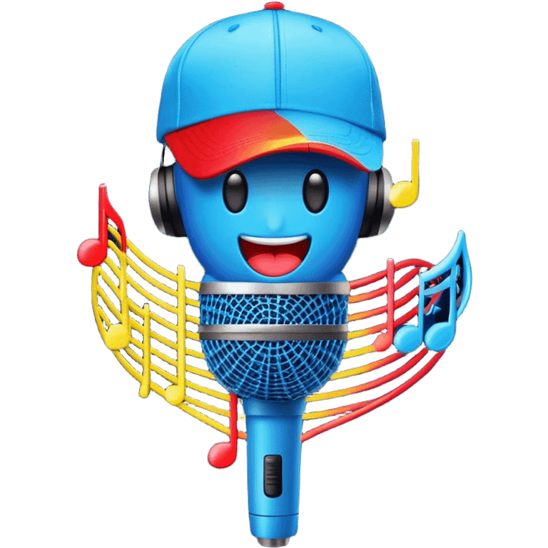 Create a dynamic and energetic emoji that represents beatboxing. The design should feature a microphone with a singing mouth and soundwaves or rhythmic beats emanating from it, symbolizing the vocal percussion and rhythm of beatboxing. Add a cap placed on top of the microphone to reflect street culture and the individuality of the performer. Include musical notes floating around to emphasize the musicality. Use bold, vibrant colors like neon blue, red, and yellow to convey energy and excitement. The background should be transparent emoji