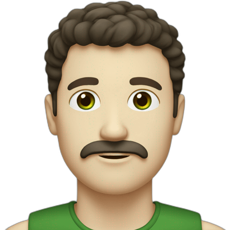 white man with moustache, dark brown hair fringe, forest green coloured eyes emoji