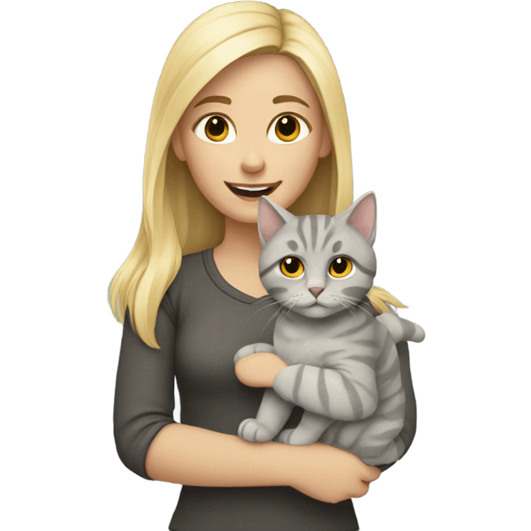 Blonde girl with grey fluffy tabby cat emoji