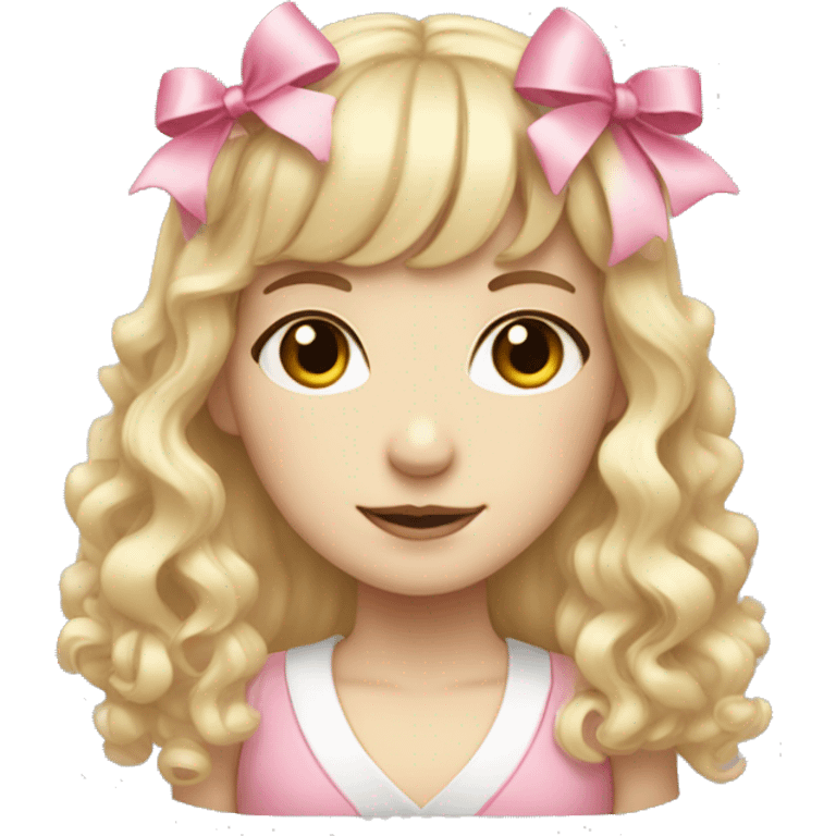 Blonde, pale girl with bangs and curly, long hair with pink bows  emoji