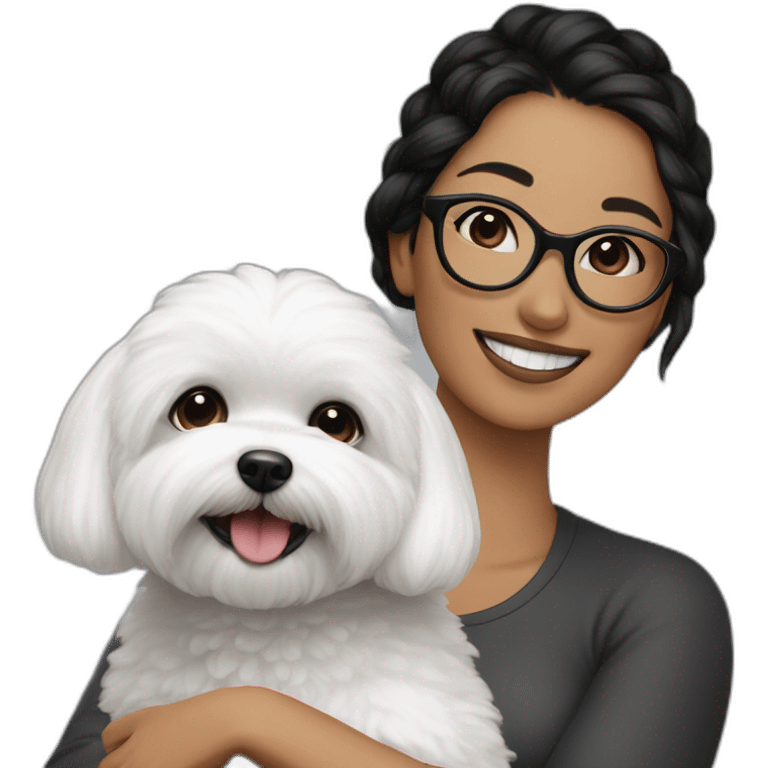 woman-black hair-bun-with glasses-with bichon dog-white-smile emoji