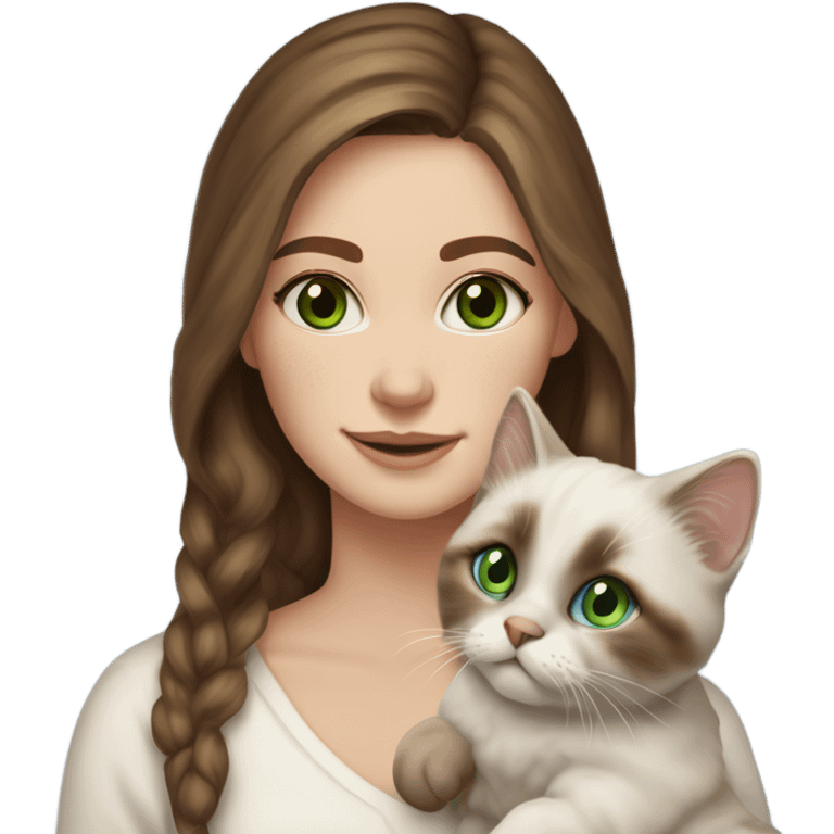 white woman with medium-length brown hair, green eyes and brown freckles on the face under the eyes, holding her sacre de birmanie kitten in her arms with much love, the baby cat has blue eyes, a lot of dark areas on ears and middle of the face. emoji