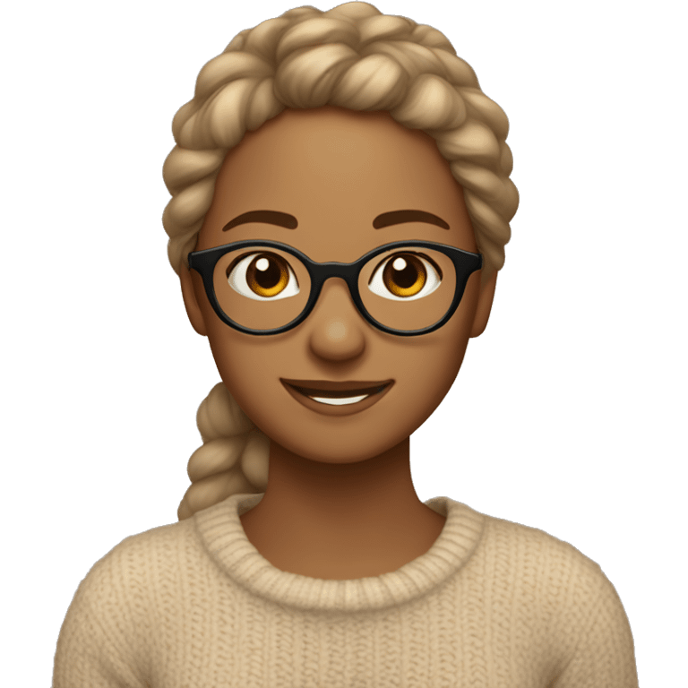 smiling girl with light brown skintone, wearing round clear glasses, with a comfy sweater on emoji