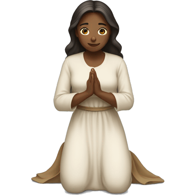 A woman kneeling praying, in a long dress, long dark brown hair emoji