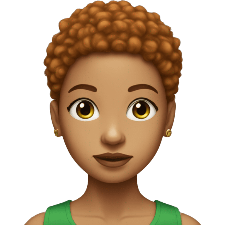 lightskin girl, short ginger afro, green crop top, eye lashes emoji