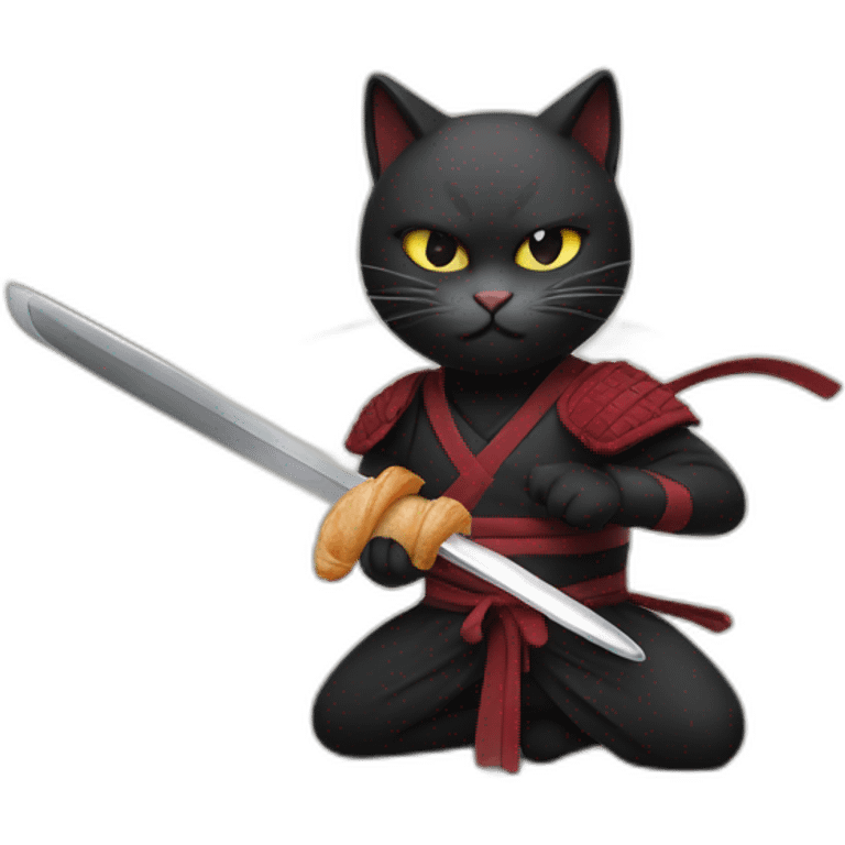 Ninja cat cuts croissant with  katana emoji