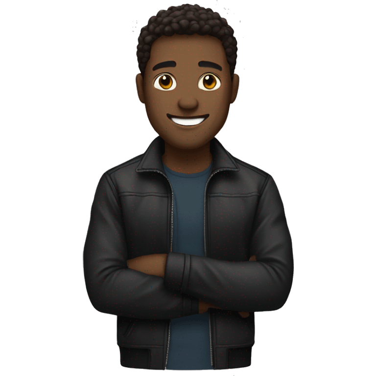 man with brown hair, black skin jacket, smile emoji