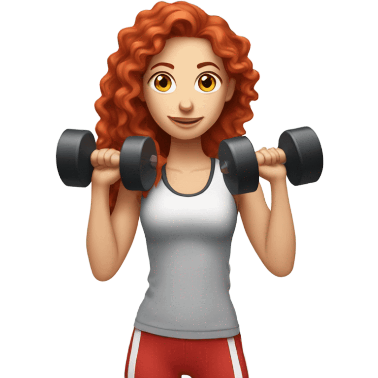 Sporty white Girl coach with long curly red hair doing exercice with light weights emoji