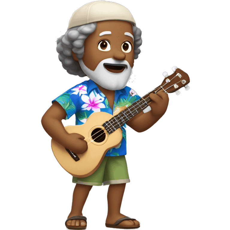 dark-skinned native hawaiian man h playing ukulele age 57 with hawaiian shirt shorts beard with cap and hair with a little gray hair, with eastern asian eyes emoji