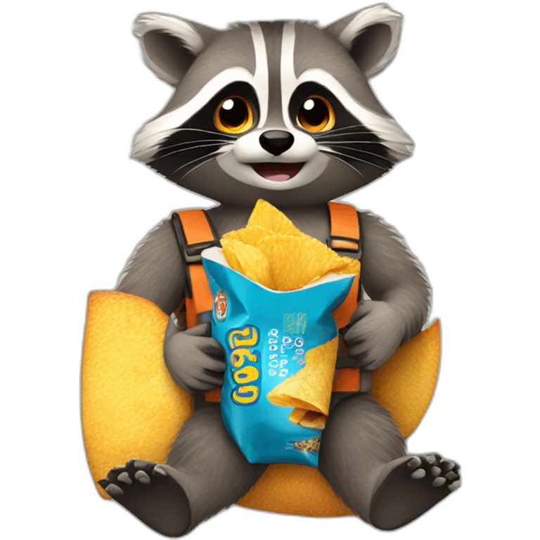 Raccoon with a seatbelt on eating a packet of crisps emoji