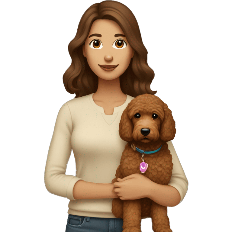 woman with straight brown hair holding a brown mini golden doodle emoji