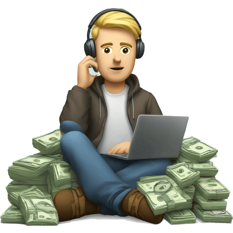 a white man, tired, is sitting at a laptop and talking on the phone, there is a bundle of money next to him, headphones on his head

 emoji