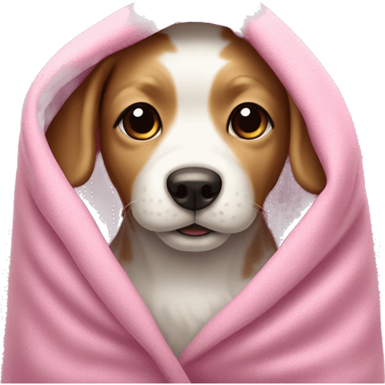 A small Brown white dog under a pink blanket emoji