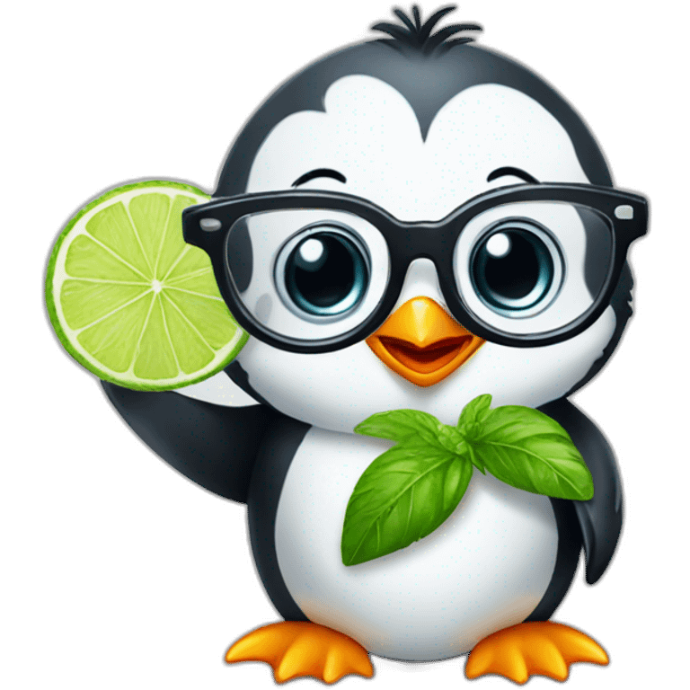 baby penguin with big glasses drinking mojito emoji