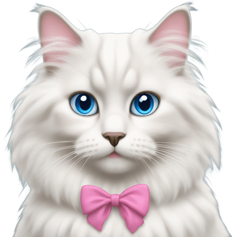 white fluffy ragdoll cat with big blue eyes and a pink bow on its right ear emoji