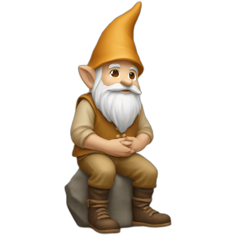 side view of gnome with tan pants sitting over a brown stone emoji