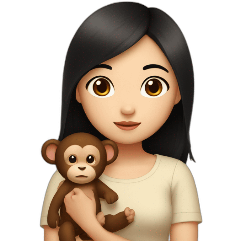 Asian girl with brown eyes and middle black hair and cute top cuddling a brown lovely monkey emoji