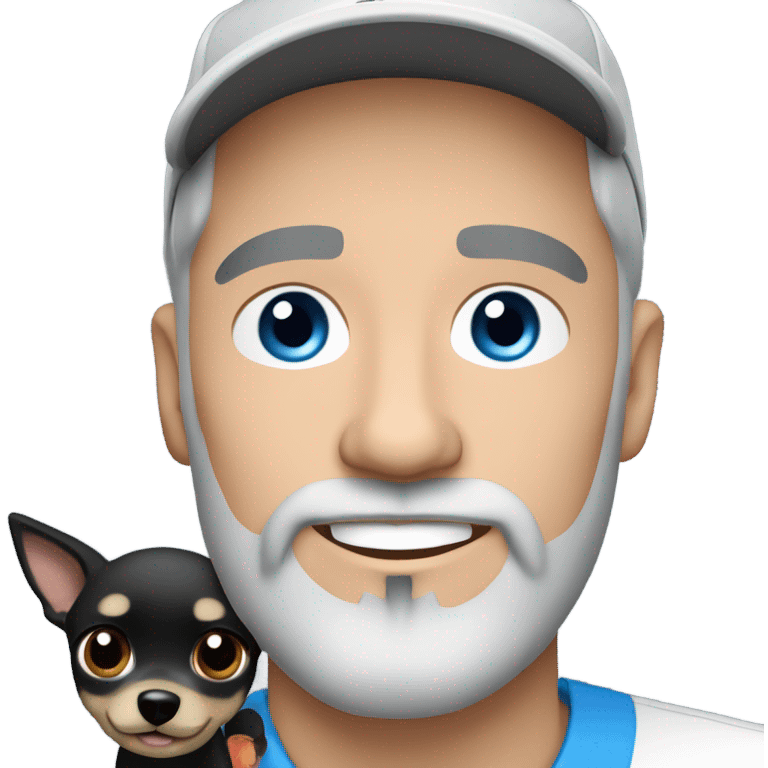 Handsome man with blue eyes wearing ball cap with grey hair and goatee beard holding all black long haired chihuahua emoji