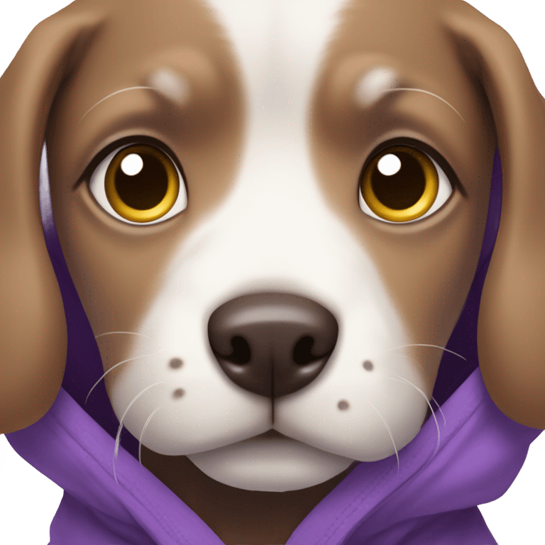 Brown and white dog puppy eyes wearing a purple hoodie emoji