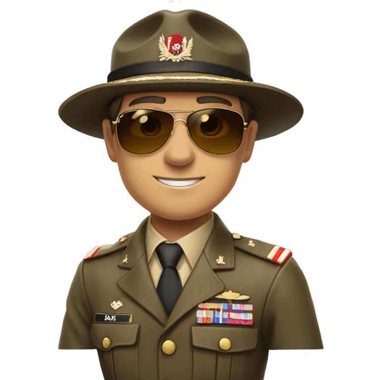 brown eyes, brown hair, ray ban sunglasses, commander of the land forces, white skin, he has a hat emoji