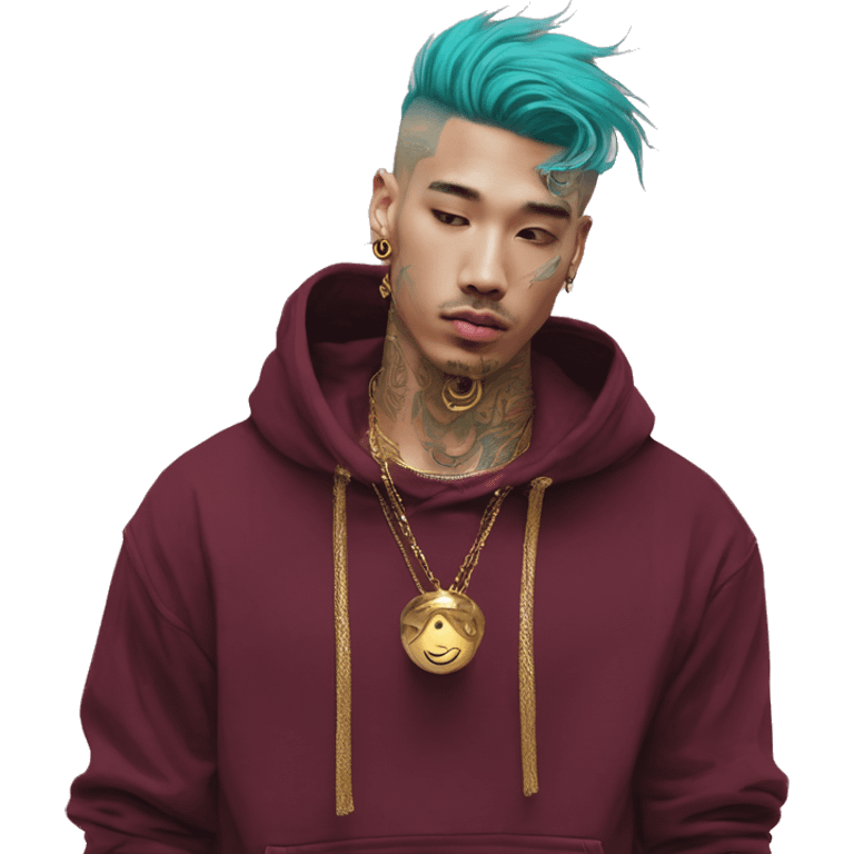 Vintage grunge patina intricate swirls gold jewellery baroque golden sparkle tropical Deep pink maroon burgundy cyan dark hoodie man dyed hair gold piercings nose piercing ear piercings emoji