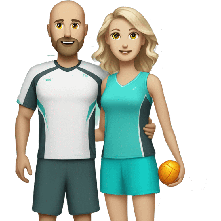 White couple, 35 yro, in pickleball clothes. Male bald= aqua eyes, beard, white, bald, and aqua eyes. Female = long light brown hair, aqua eyes.  emoji