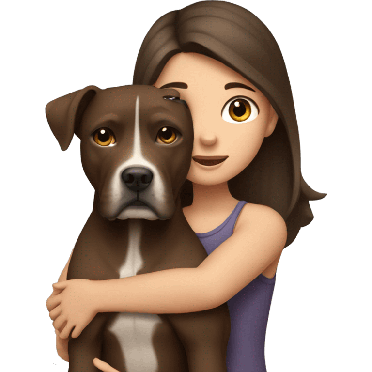 a girl with dark brown hair with gray eyes hugging a brown pit bull dog emoji