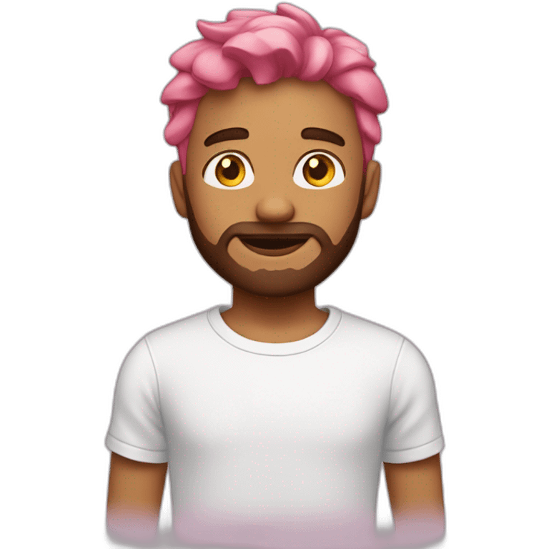 A pink haired boy with a brown beard and a white t-shirt emoji