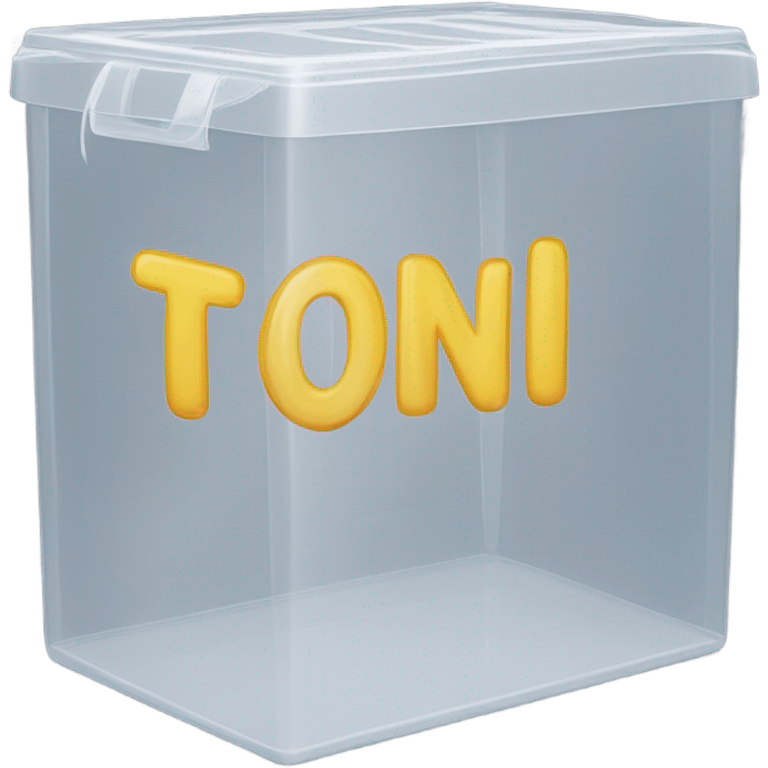 a plastic box with the name Toni emoji