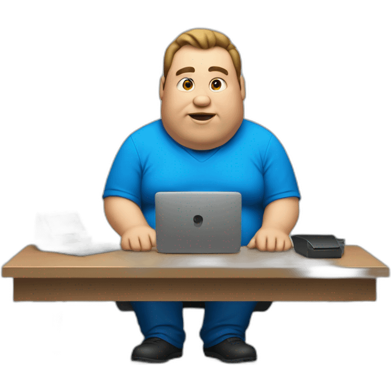 fat man in a blue shirt using a computer emoji