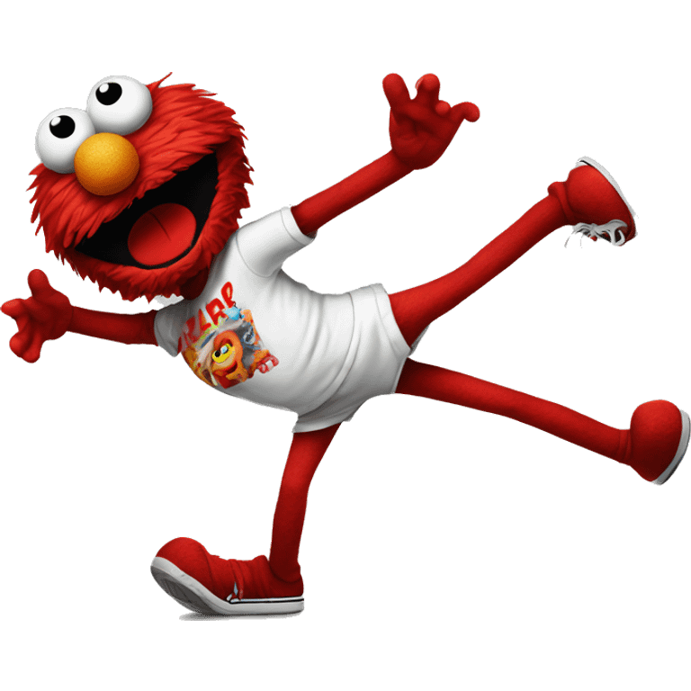 elmo breakdancing with red pupils emoji